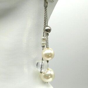 Faux Pearl Clear Bead Silver-tone Dangle Earrings